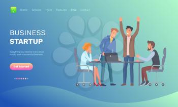 Business startup vector, man with team, people sitting by table brainstorming and making decisions for project successful start and development. Website or webpage template, landing page flat style