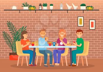 People sitting in fast food cafe. Friends spending time together and eating out. Table with hot dogs, burgers and soda. Room interior with simple decorations. Vector illustration in flat style