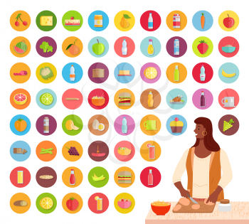 Female character cooking food, set of ingredients. Collection of meals and dishes. Broccoli and cake, lemon and lime, loaf and burger, pizza and cabbage, tea and pasta in bowl, vector in flat
