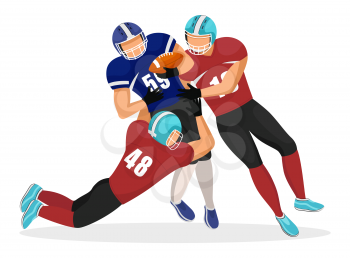 Gridiron player falling down trying to get ball. Isolated team members playing american football. Competing male personages. Participation between professional footballers. Vector in flat style