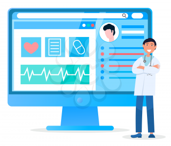 Doctor stand near big computer monitor with medical card of patient. Man explore cardiogram with heart beat on display. Person work at hospital as cardiologist. Vector illustration of clinic in flat