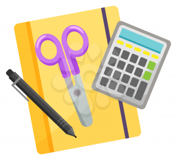 Scissors and pen or pencil, calculator on notebook. School chancellery, counting equipment, educational element, office accessory, writing symbol vector. Back to school concept. Flat cartoon