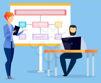 Manager explaining business schema to office worker on appointment. Man sit on chair by table and work on laptop. Woman stand near data board and talk about project. Vector illustration in flat style
