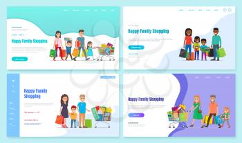 Collection of shopping families. Shopaholic characters mother and father with kids with bought bags. Consumerism of european and african people. Website or webpage template, landing page vector