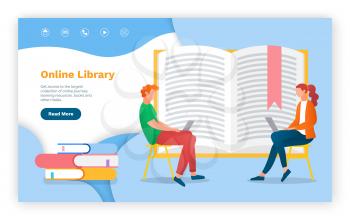 Electronic online library for reading books on gadgets. Man and woman using laptops to access to virtual bookshelf. People sit near opened textbook, website mockup. Vector illustration in flat style