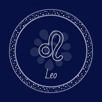 Leo astrology zodiac sign isolated on blue in circle with stars. Vector leo constellation on dark sky. Prediction of fortune, astrological outline sign, illustration of Lion horoscope symbol