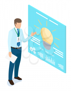 Presenter male standing near board with lightbulb symbol isolated on white. Man worker near presentation with innovation setting sign. Diagonal view of researching workspace near businessman vector