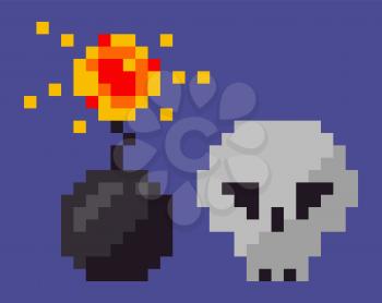 Skull and bomb with explosion vector, boom isolated set of pixel game icons, 8 bit graphics, weapon and poisonous symbol danger mosaic skeleton flat style