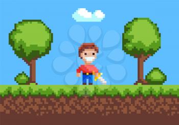 Knight holding galive, portrait view of superhero cavalier with steel, war and adventure element of pixel game, tree and bush, green grass on ground vector