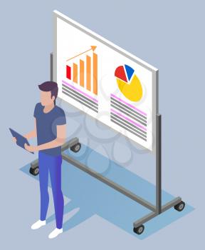 Man worker presenting graphical analysis on board 3d isometric view. Professional speaker standing near diagram growth plan. Training or coaching financial strategy from employee male vector