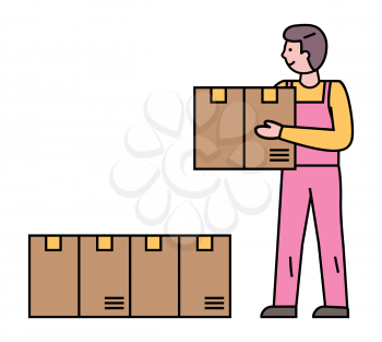 Man works as courier at post office or warehouse. Guy in uniform carry carton boxes in hands. Cardboard packages for shipment. Transportation to destination and delivery parcels. Vector illustration