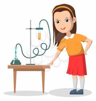 Science club for pupils. Schoolgirl doing chemical experiment with test tubes and liquids on wooden table. Girl use leisure time for education. Back to school concept. Flat cartoon vector illustration