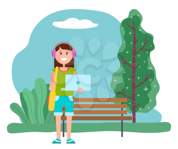 Happy woman stand near wooden bench in park. Lady listening music in headphones and hold opened laptop in hands. Modern electronic device, personal computer. Vector illustration in flat style