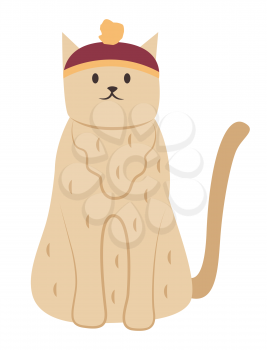 Furry cat wearing funny hat, isolated feline creature with coat sitting still. Resting pet with tail and paws. Mammal face with whiskers. Portrait of domestic cat in close up vector in flat style
