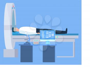 Patient lying on medical table, research brain in round equipment. Dna report in computer, microscope and test tube on table laboratory or clinic, computer tomografy CT, magnetic resonance imaging MRI