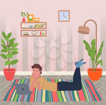 Living room interior vector, man laying on floor carpet watching film on laptop. Houseplant and lamp, shelves with books candles, picture frames and clock