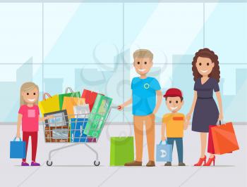 Happy family with two kids shopping in supermarket. Parents with their children make purchase in store. Buyers carrying bags and trolley full of goods