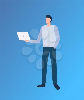 Man standing with laptop, male holding computer, portrait and full length view of person with wireless device, modern equipment, online busy vector