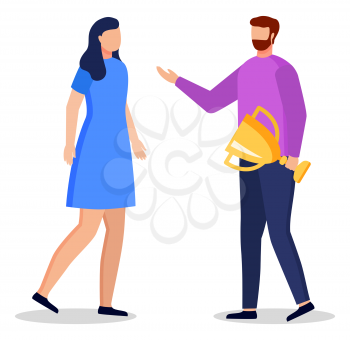 Young woman and man standing and talking together. Friends have conversation about success. Male with golden cup in hands. People isolated on white background. Vector illustration in flat style