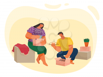 Man and woman packing or unpacking boxes with domestic objects. Female holding cardboard package with cup, male sitting on floor with hanger. Life of young couple and relocation together vector