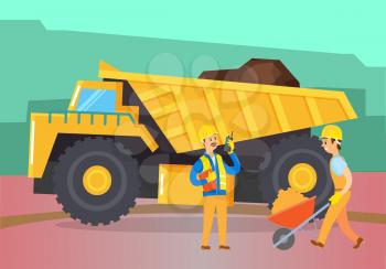 People and machinery in field working on construction of new buildings or excavation of minerals. Mining industry characters and devices. Tractor loaded with soil or coal fossil fuel, vector