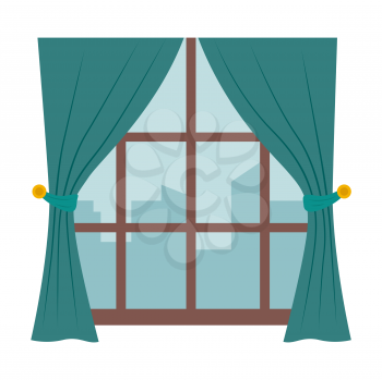 Window with curtains showing cityscape, isolated icon. Skyline with city buildings and skyscrapers shown through thick glass. Wooden frame of interior element. House or home design, vector in flat