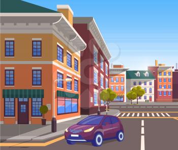 Cityscape of modern city center. Car driving along street of town with infrastructure and developed architecture. Vehicle on road turning on corner, traveling by auto. Vector in isometric 3D style