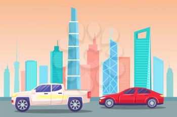 Cityscape with modern architectural wonders, landmarks and places of interest. Cars passing skyline of big city. Vehicles on roads of town. Downtown or business center view. Vector in flat style