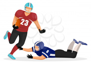 American football players of different teams. Man fell down trying to make obstacles for rival. Competitive and aggressive kind of sports. Gridiron game, traditional hobby of usa, vector in flat