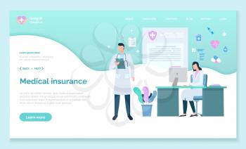 Medical insurance specialists dealing with healthcare problems and issues. People working in laboratory giving prescriptions and diagnosis. Consultants at work, website or webpage template, vector