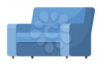 Sofa with blue textile upholstery. Furniture, soft place for rest for flat or house. Cozy home interior for living or drawing room. Couch isolated on white background. Vector illustration in flat