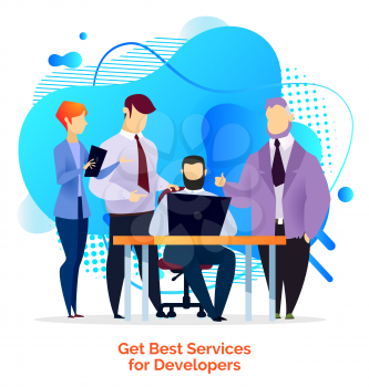 People working on laptop with best services for developers. Coding and programming systems for productive work and task completion. Office manager or secretary with personal computer, vector