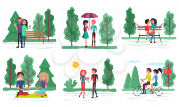 Collection of couples on dates in park on any weather. Romantic people walking in forest, riding bicycle and eating ice cream. Picnic of boyfriend and girlfriend. Raining weather in spring vector