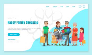 Family shopping. Mother and father with daughter and grandparents in shops. People with trolley loaded with bought stuff in stores. Holiday preparation. Website or webpage, landing page vector