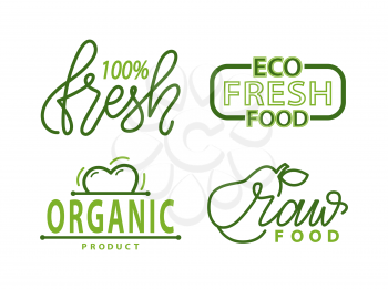 Eco fresh food, organic raw fruits and vegetables isolated green logos. Vector super quality products of high level premium grade, logotype of bio nutrition