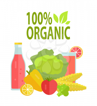 Organic food, 100 percent guarantee, drink in glass and lemon, bell pepper, cabbage and tomato, corn and cole, vegetable and fresh with citrus vector