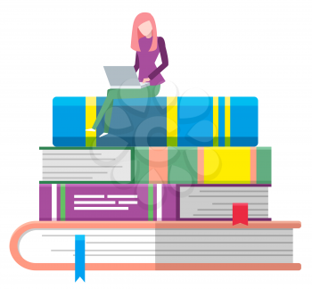 Online library, student reading through laptop on books stack, knowledge concept vector. Literature or textbooks, encyclopedias pile, studying material. Internet portal, web education illustration