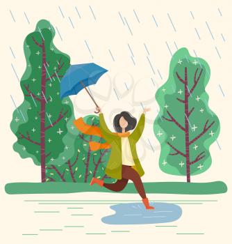 Young woman walking under rain and jumping into puddle. Person dressed in pants, cardigan and scarf. Lady hold waterproof umbrella in hand. Rainy and windy weather in autumn. Vector illustration