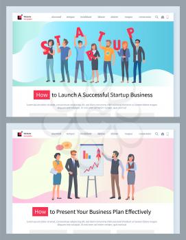 Startup launching of business and presentation of plan vector, people working with data and info on whiteboard, project with analysis charts. Website or webpage template, landing page flat style