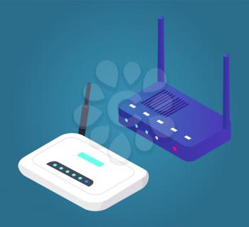 Wifi router with antenna wireless device isolated. Modern internet connection equipment and application symbol. Web network zone for public using. Online hardware electronic sign vector, isometric