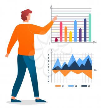 Business control and research of graph report on celled scheme. Back view of worker man character standing near chart icons isolated on white. Professional finance control by employee vector