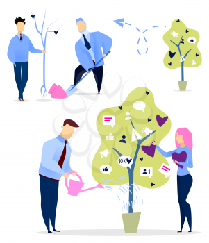 Collection of people caring for tree with likes and followers, profiles and users info. Man and woman with plant in pot, cultivating and growing metaphorical plantation, vector in flat style