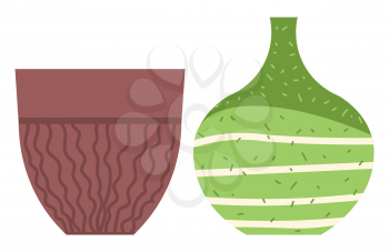 Set of striped vase isolated on white. Crockery decorative jar with waves ornament, color pot in flat style design, ceramic flowerpot. Handmade items from clay. Vase for flowers. Vector illustration