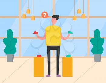Shopper with shoes in store vector, person with question icon in thought bubble. Male with footwear on pedestal, shopping hobby product on sale offer