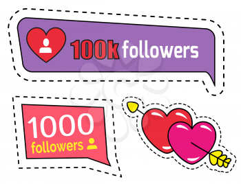 Followers and likes stickers and patches set, collection of isolated icons in flat style. Social media buttons and signs, hearts and users statistics. Notification button for application, vector