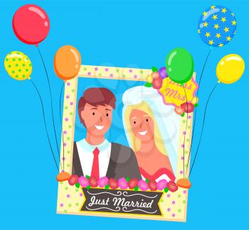 Miss and Mrs, just married, wedding couple in color photo frame with polka dot pattern. Border with flower and balloons on blue. Festive decoration element. Photozone accessories vector illustration