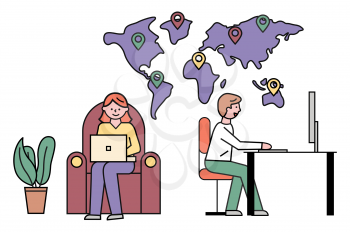Worldwide cooperation and business network around world. Woman and man working from home using laptops to sell or buy products. People and map with geotags. Line art characters, vector in flat