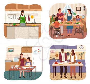 People cooking together in kitchen. Smiling man and woman in apron preparing dish at home. Happy couple and parents with children standing near table or stove with vegetables or dough vector