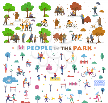 Active pastime on nature at park. Various people at spring and autumn park performing leisure outdoor activities. Walking with dog. Cartoon vector illustration. Relaxing in nature together, community