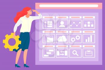 Data analysis vector, female with cogwheel looking at screen with icons. Profile and cloud, interaction sign, chart and magnifying glass tools for business